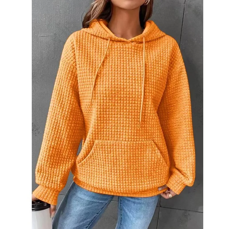 Women's Winter Thick Waffle Knit Solid Color Round Neck Pocket Sweatshirt Hip Length Crinkled Hoodie Women's Hoodies And