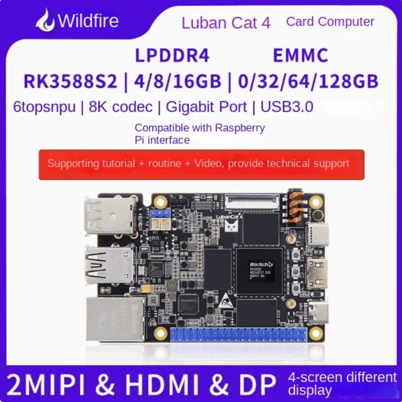 

Wildfire Luban Cat 4 (4 + 0G) кардкомпьютер Linux Rockchip rk3588sмакетная плата Al smart benchmarkRaspberry Pi 5