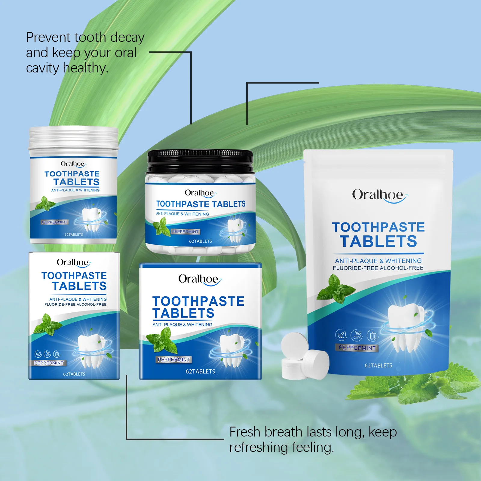 Oralhoe 62 قطعة أقراص تبييض الأسنان عن طريق الفم نظيفة غسول الفم إزالة البقع الصفراء التنفس الطازج نكهة النعناع معجون الأسنان الصلبة #2