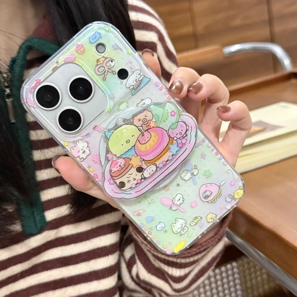 เคสโทรศัพท์มือถือลายการ์ตูนอาหารน่ารัก พร้อมที่ยึดแม่เหล็ก เหมาะสำหรับ iPhone 15 14 13 16 17 Pro Max เคสกันกระแทกสไตล์เกาหลี