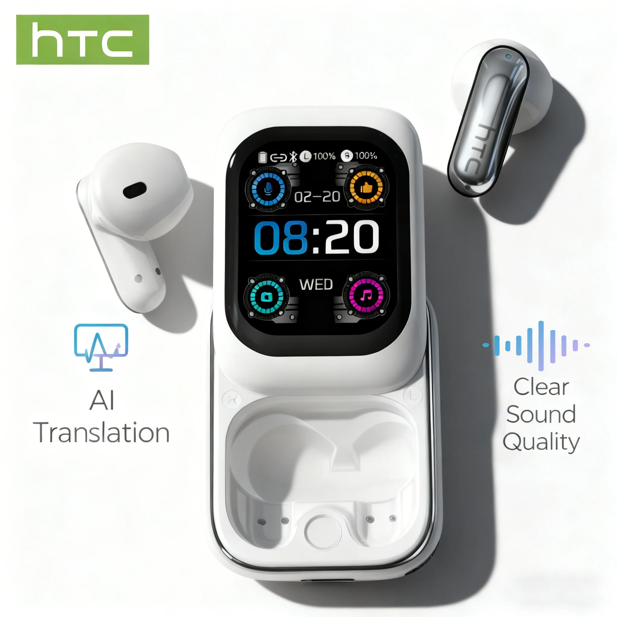 Écouteurs sans fil Bluetooth NE48 intra-auriculaires avec écran tactile HD et traducteur IA pour plus de 150 langues - Audio stéréo Hi-Fi, microphone, batterie 30 heures, design ergonomique et appels mains libres - Idé