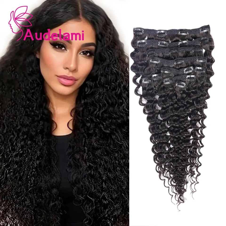 Audelami Clip de onda profunda en extensiones de cabello cabello humano brasileño rizado profundo extensión de cabello de Clip grande de alta calidad 160g 10 unids/set