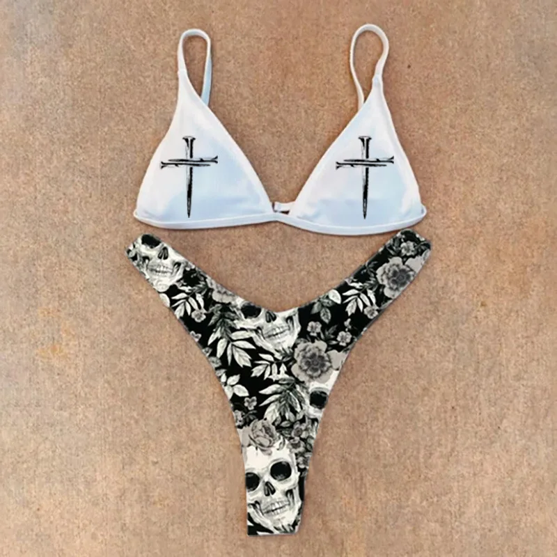 New Black And White Sexy Goth Emo Women Two-piece Skull Print Bikini Suit Split Bathing Suit High Waist Gothic Swimsuit Beach