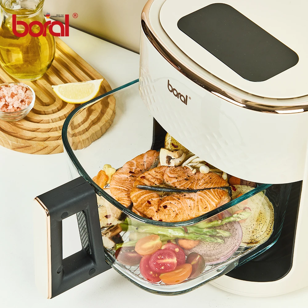 مقلاة هوائية زجاجية 4.5 لتر مقلاة زجاجية لمسة نهائية للطهي حتى 200 درجة شبكة استنائية 5 رجل متحرك