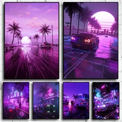 Neon Night City Landscape 80s Retro Cyberpunk Car Posters for Room Aesthetic Painting Canvas Print Home Art Wall Decor Pictures