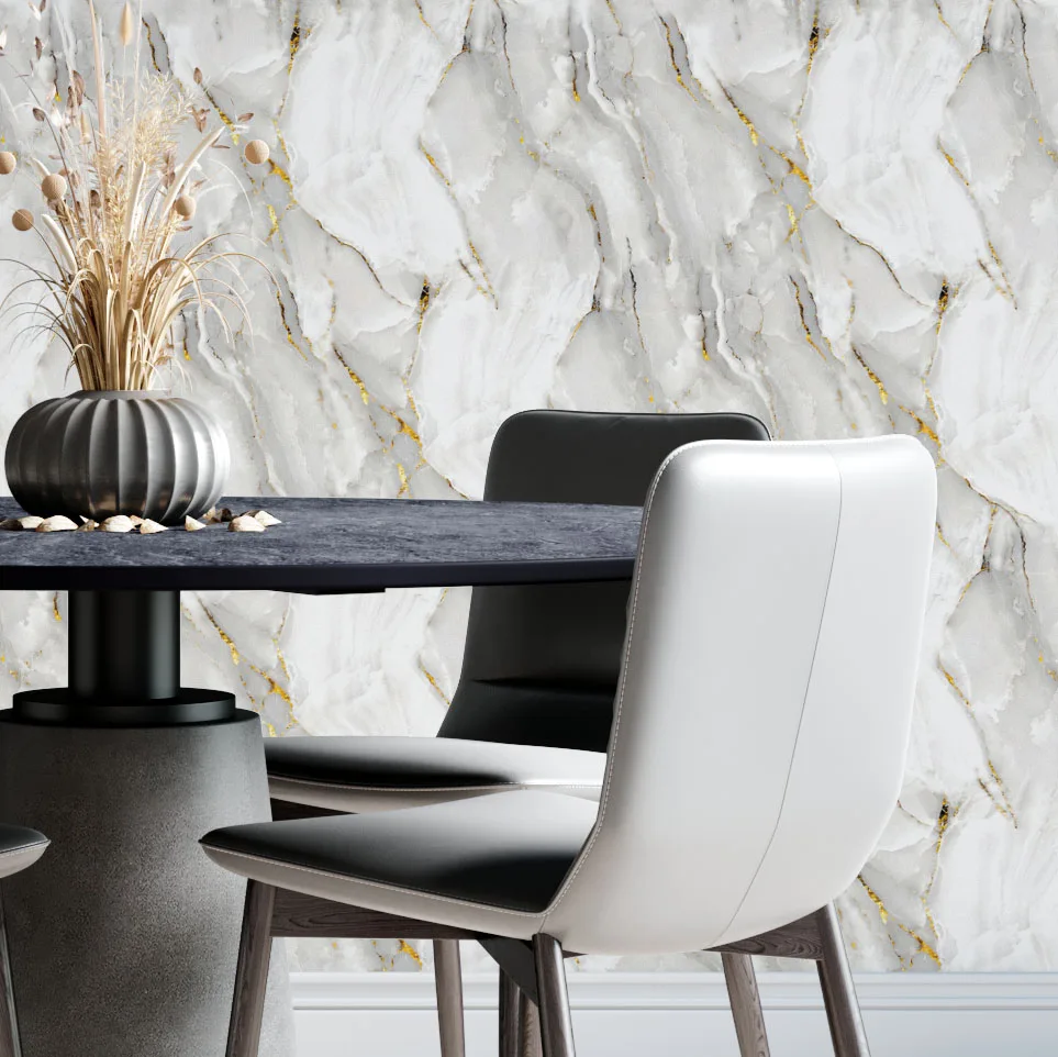 ورق جدران من الفينيل ذاتي اللصق من الرخام الذهبي الأبيض المزخرف بالحجر #2