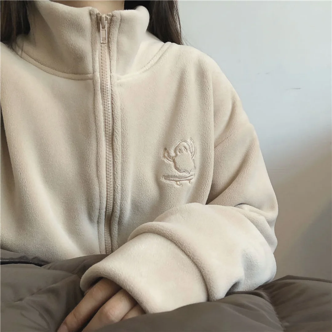 Lässige, einfarbige Damen-Winterjacken mit Stickerei, locker geschnitten, lange Ärmel, aus Polar-Fleece, bequeme, mit Fleece gefütterte, wärmende Kleidung.