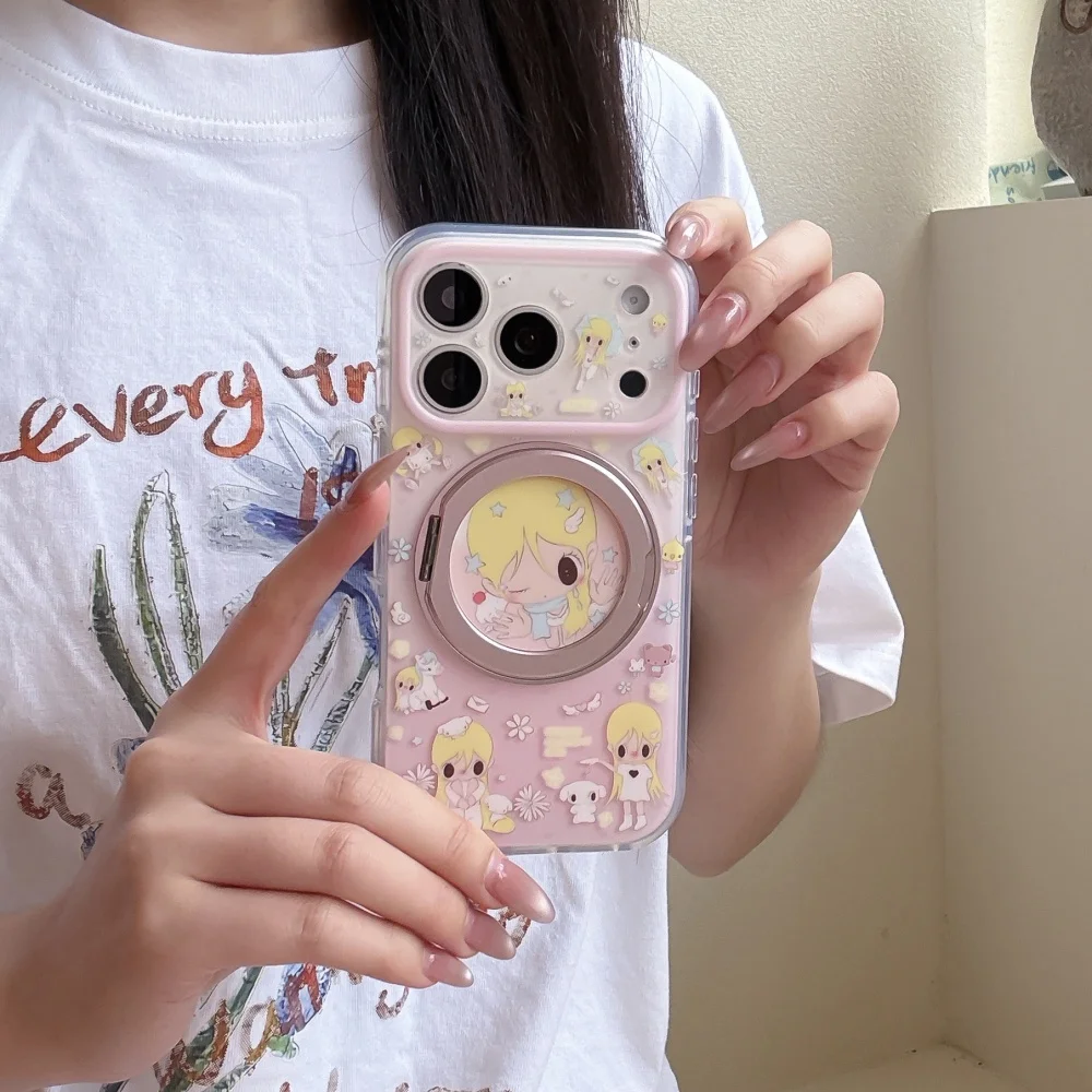 Kawaii Sweet Pink Cartoon Girl Print Phone Case for iPhone 17 16 Pro 15 16 17 Pro Max  Cute Shockproof Case with Magnetic Holder