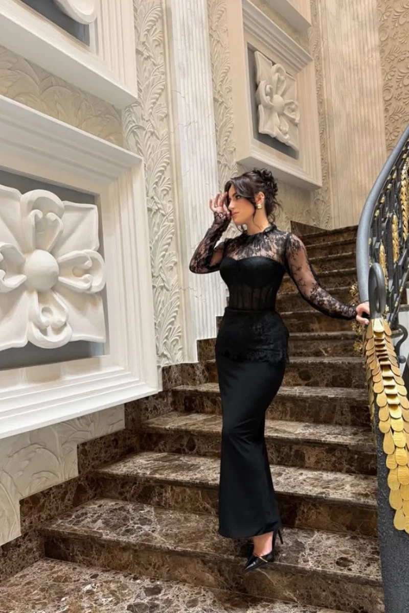 Jessica High-necked Lace Embroidery Evening Dresses Black Prom Dresses Elegant And Slim-fitting Women Party Dresses