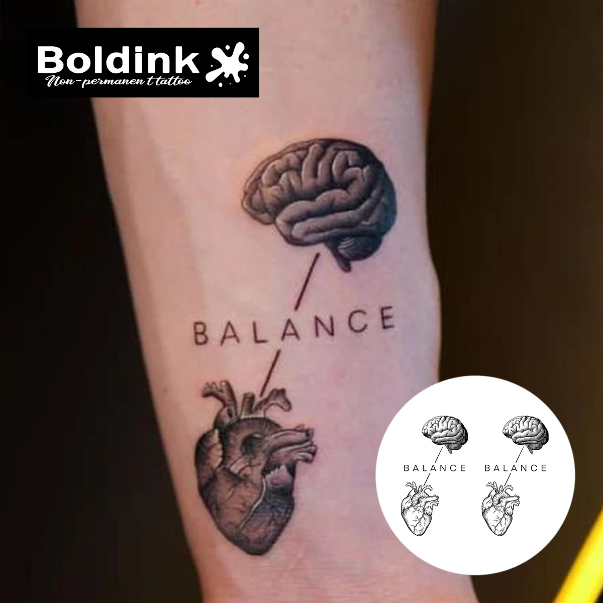 Brain and Heart Temporary Tattoo,Lasts To 15 Days New Technology Magic Waterproof Semi Permanent Sticker.