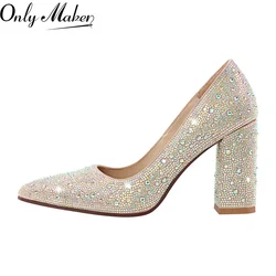 Onlymaker Woman Pointed Toe Rhinestone Chunky Heel Pumps Slip On Thick Heel Wedding Office Dress Big Size Lady Heels