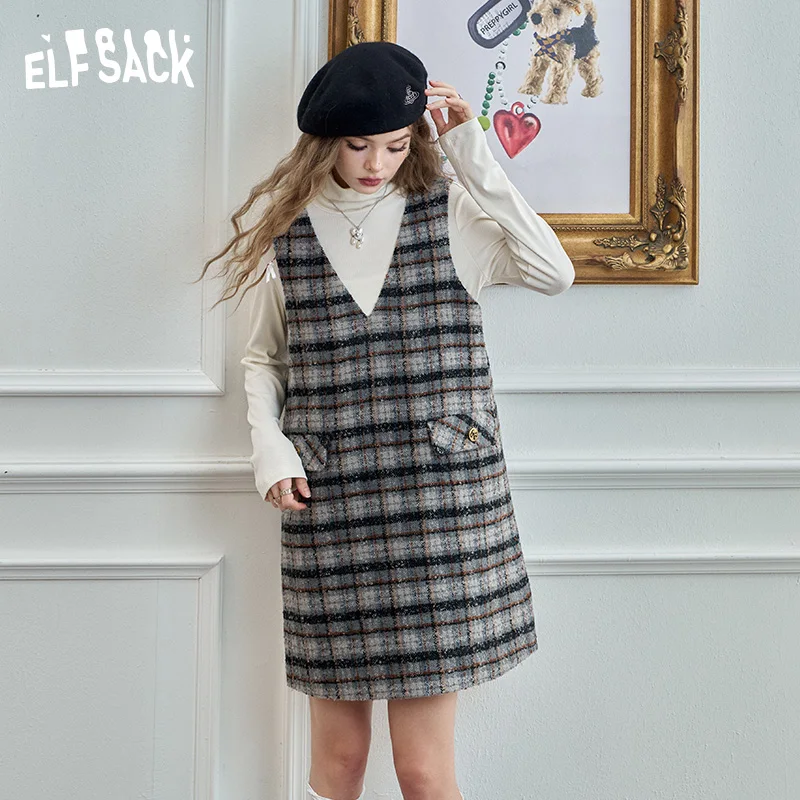 ELFSACK 2024 Winter New Arrivals Retro plaid vest dress, elegant preppy style loose yarn-dyed plaid