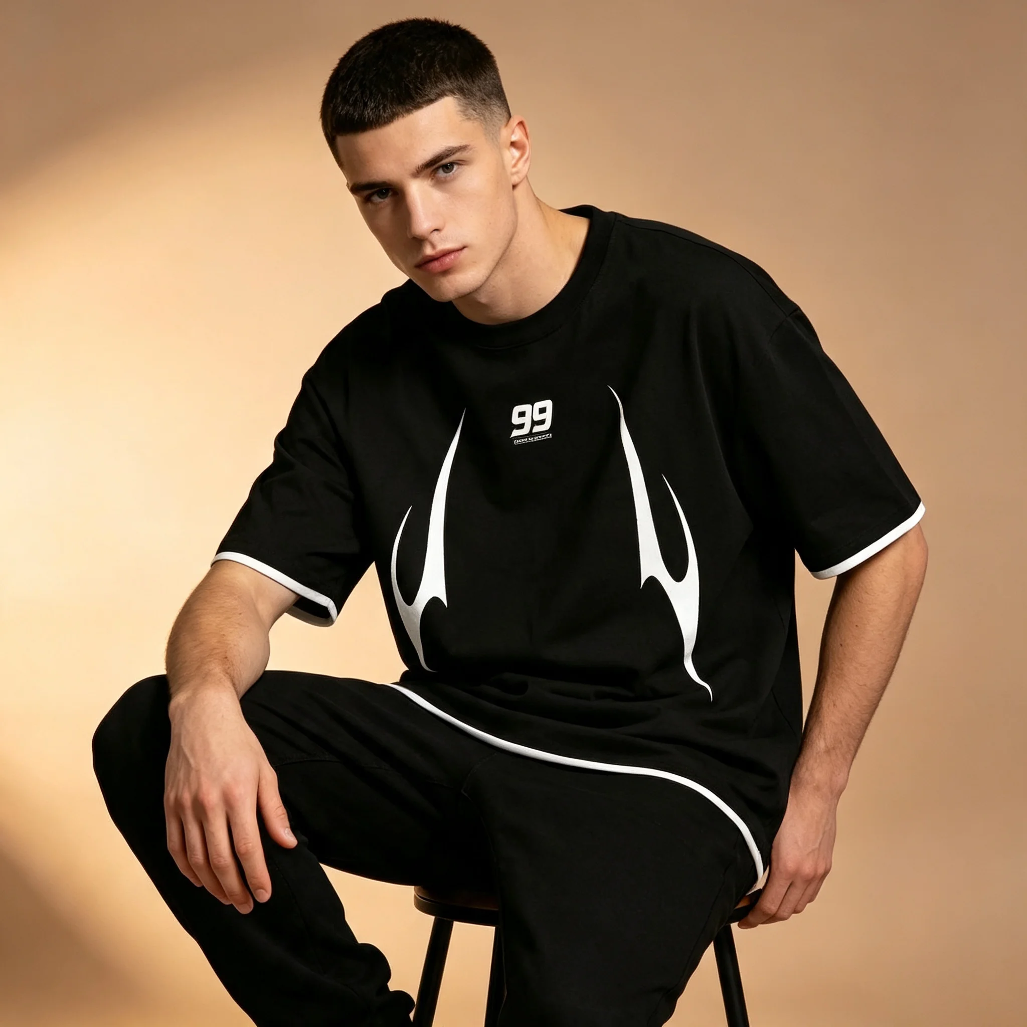 Men White Flame 99 Number Print T-Shirt Contrast Trim Crew Neck Oversized Casual Streetwear Short Sleeve Tops