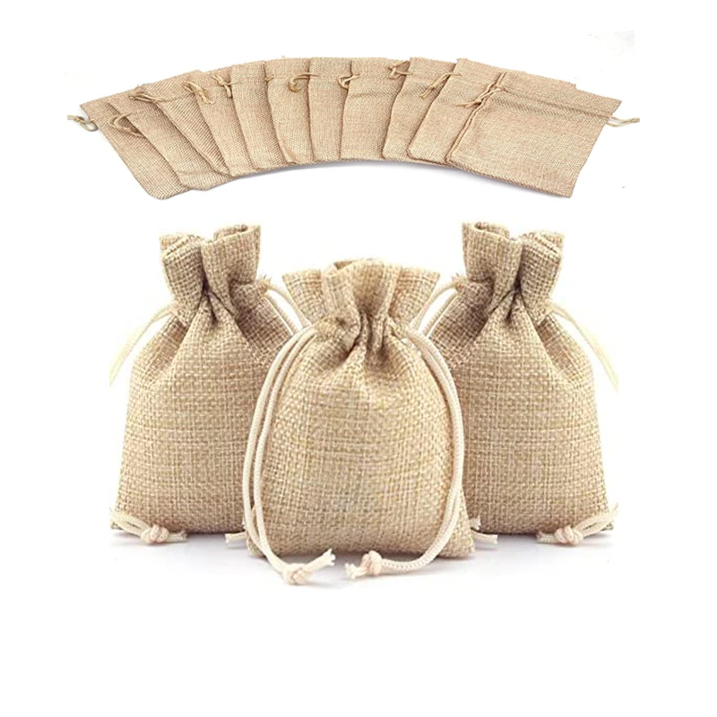 

10pcs/lot Natural Linen Burlap Bag Jute Gift Bag Drawstring Gift Bags With Handles Gift Packaging Party Favor Candy Bags