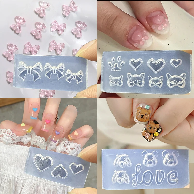 1Pcs(4.2*2cm)Silicone Nail Mold 3D Heart/Bow/Bear Mixed-Style Mould Stamping Plate Reusable DIY Nail Charms Craft Carving Moulds