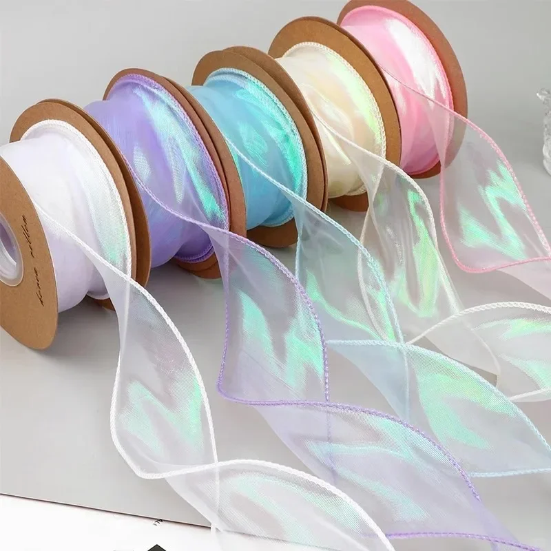 40mm 10 jardów Fishtail Organza wstążka odblaskowa opalizująca falista krawędź wstążka do pakowania prezentów DIY kokarda bukiet woalowe wstążki — zdjęcie 2