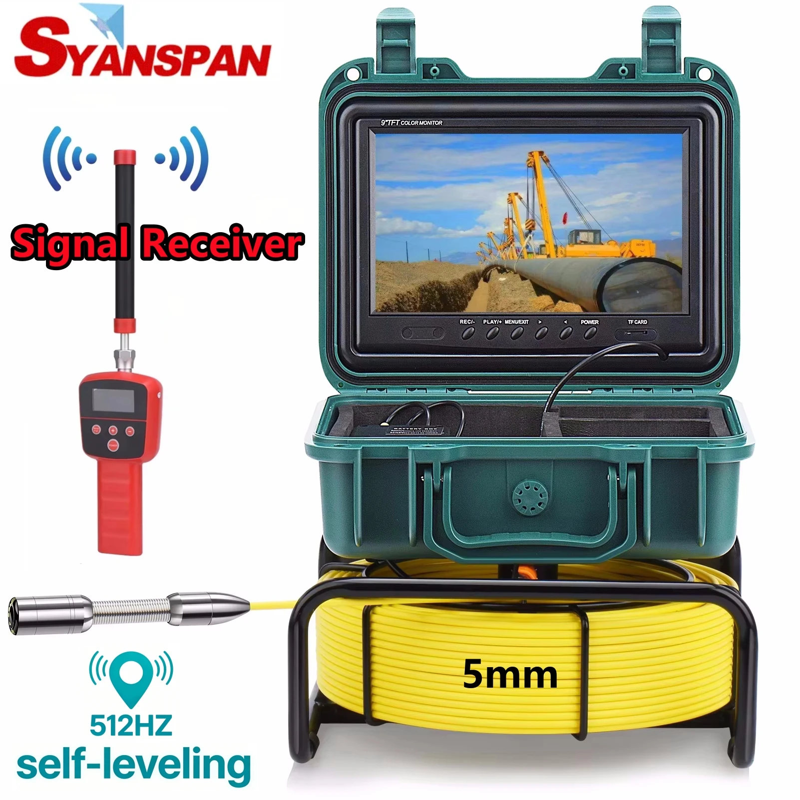 Transmissor de sonda DVR de 16 GB, 9" HD, 512 Hz para localização de tubos, imagem de endoscópio com autonivelamento, câmara de inspeção de tubos SYANSPAN de 23 mm, IP68.