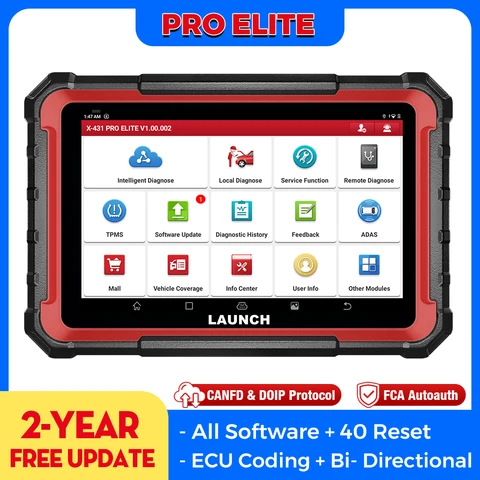 Диагностический сканер LAUNCH X431 PRO ELITE 8 дюймов, для всех систем, 32 функции сброса, OBD CANFD/DOIP, двунаправленное кодирование ЭБУ