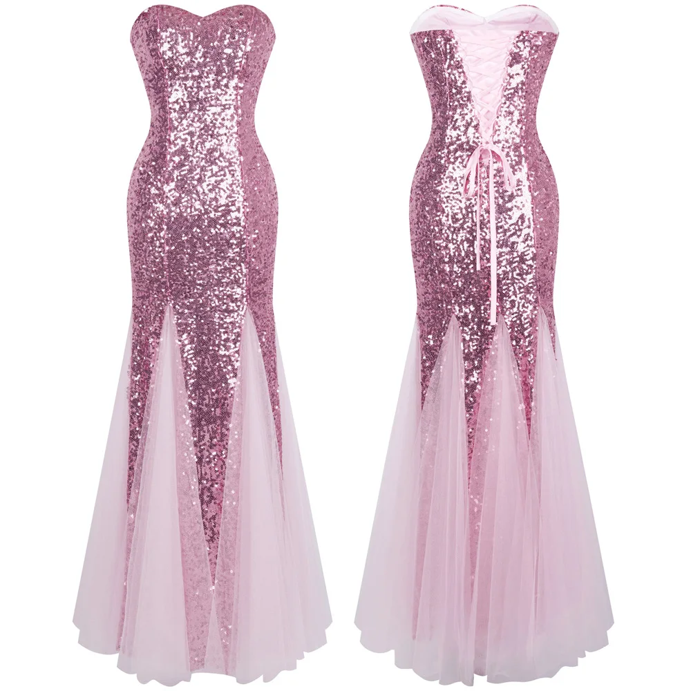 

Angel-fashions Strapless Sequin Lace Up Back Contrast Tulle Long Formal Evening Dress Prom Wedding Guest Gown Pink 053