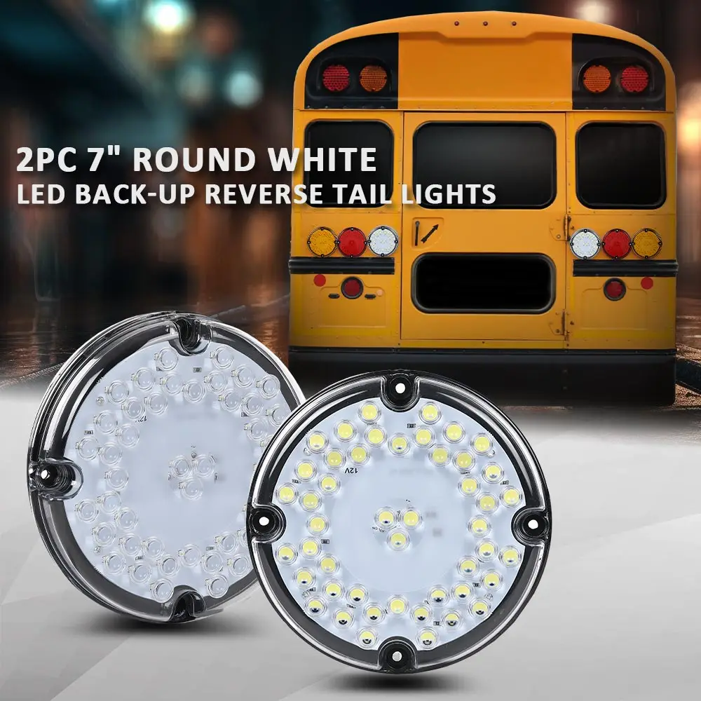 

White 2-Piece 7-Inch Round Led Backup Tail Light Suitable for School Bus, Transit Vehicle, Garbage Truck, Waterproof, Snowproof, Dustproof Car Light
