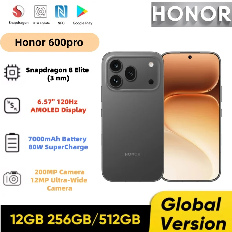 Honor 600 Pro Global Version Snapdragon® 8 Elite 200MP Rear Camera 6400 mAh 80W SuperCharge 50W Wireless IP68/IP69 Water Proof