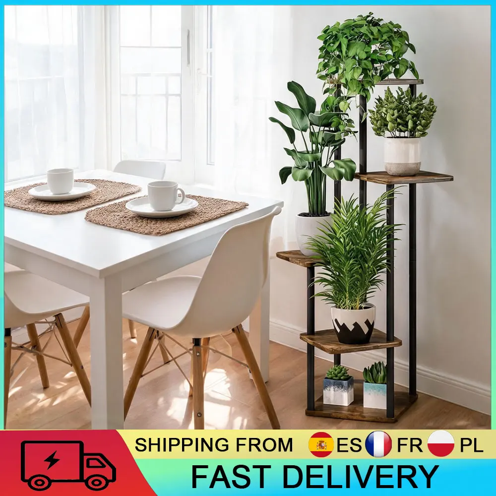 Support à plantes à 5 niveaux en métal et bois, présentoir à pots de fleurs multi-niveaux avec structure robuste, étagère à plantes pour intérieur, ex