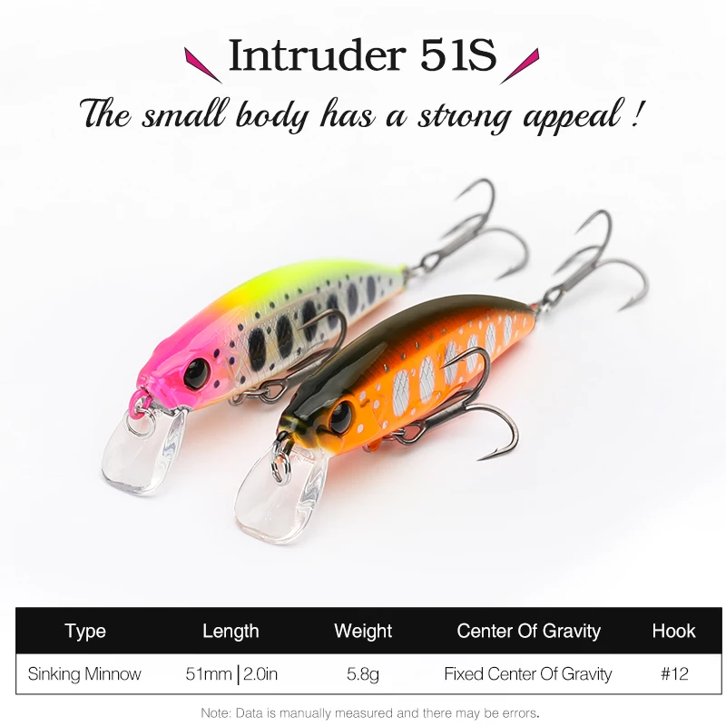 TSURINOYA 2.0in Stream Fishing Sinking Minnow 51mm 5.8g Fishing Lure Intruder 51S Saltwater Freshwater Crankbait Trout Hard Bait