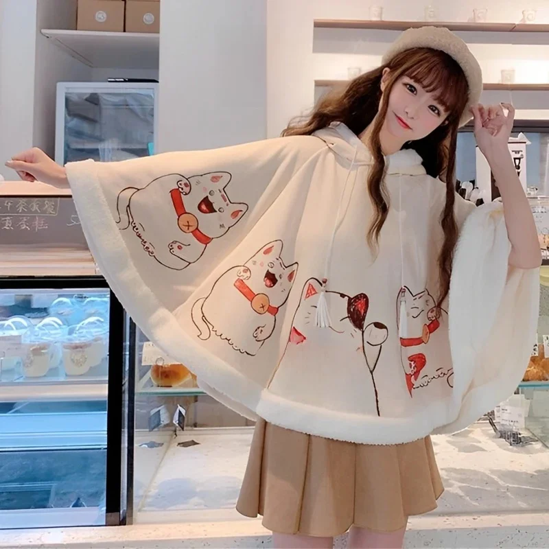 Płaszcz na wiosnę i jesień 2026 Harajuku Kawaii z uszami, kaptur, japońska peleryna z polaru z motywem szczęśliwego kota, luźny sweter z rękawami typu nietoperz. — zdjęcie 2