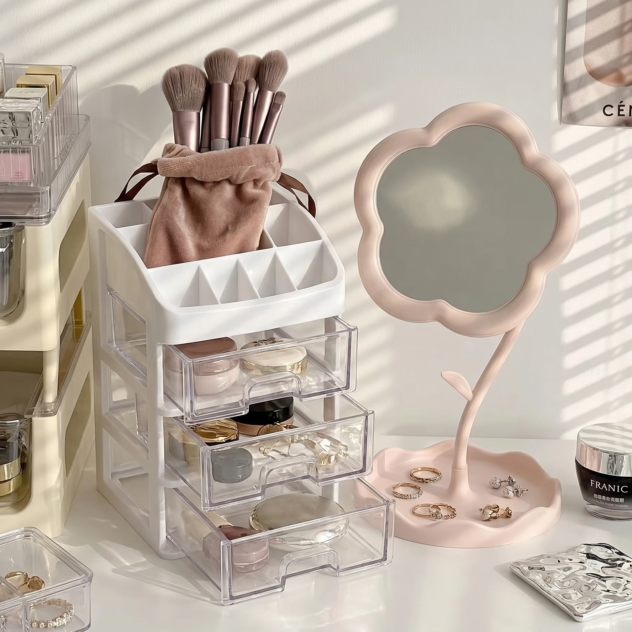 

Органайзер для косметики с набором кистей и подарочным зеркалом, комплект для хранения косметики на туалетный столик, набор для организации косметики