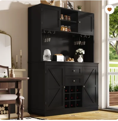 Keukenkast met verstelbare planken & wijnrek, hoge keukenbuffetkast met 4 deuren & 2 laden, sideboard voor de keuken