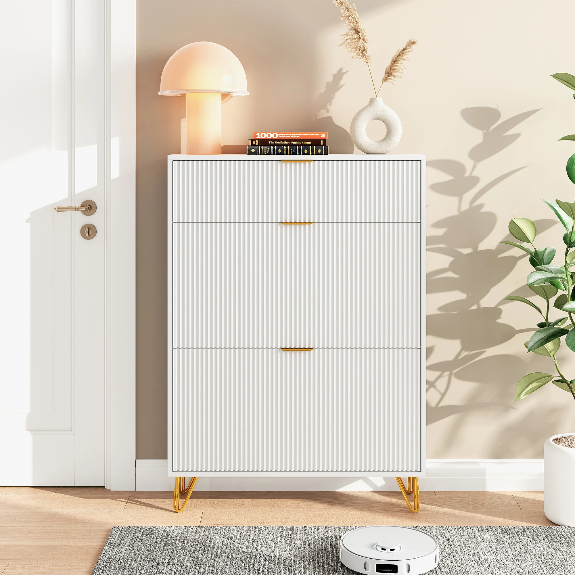 Mobili per scarpe reclinabili, armadietto Scarpiera, 2 piani + ripiano nascosto, Mobili per riporre scarpe, Bianco