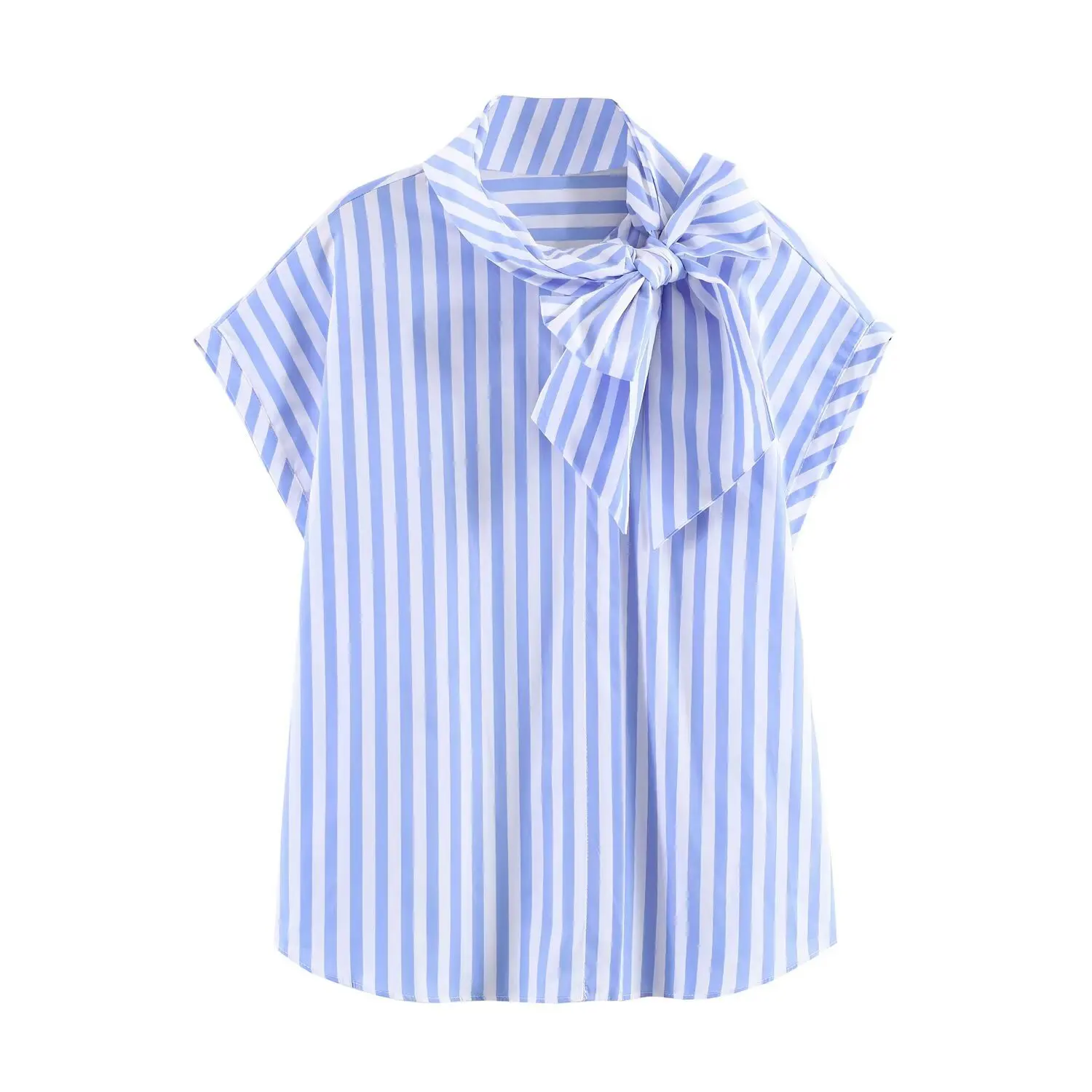 Women Striped Blouse Bow Tie Neck Short Sleeve Shirt Elegant Blue White Vertical Stripe Loose Tops Office Lady Casual Blouses