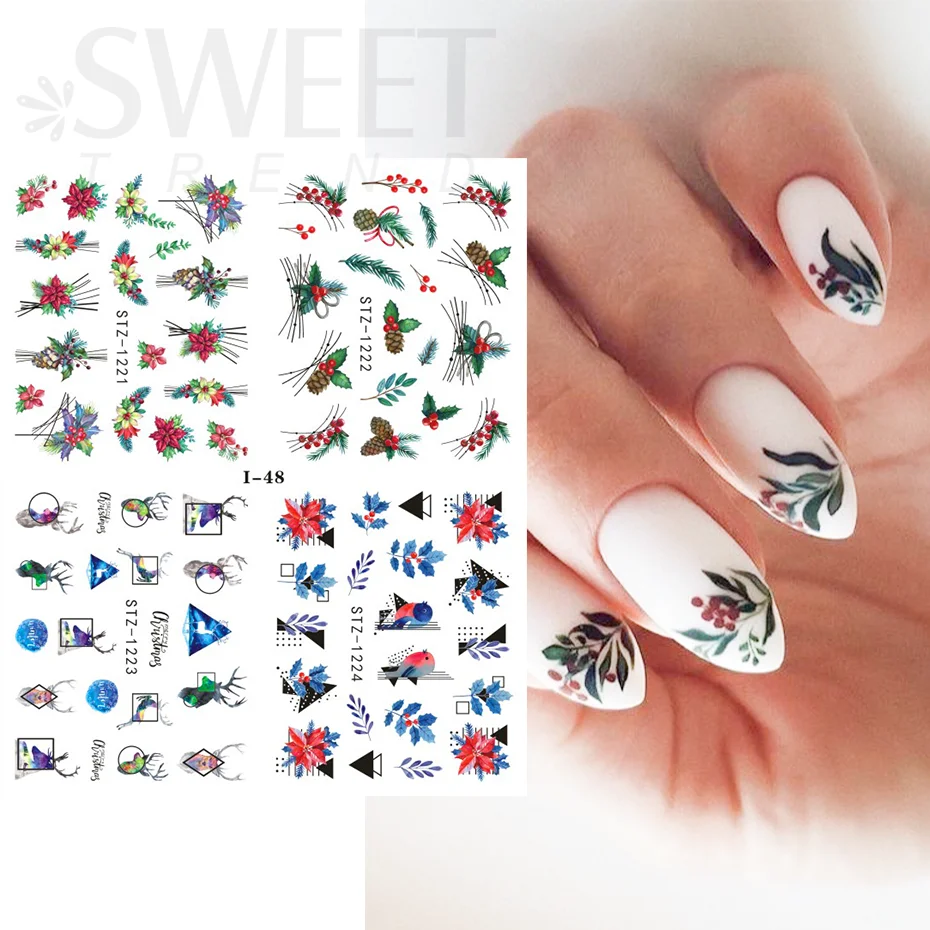 4pcs Nails Water Stickers Christmas Winter Snowflake Bird Penguin Santa Elk Flower Images Design Water Transfer Sliders BEI44-49