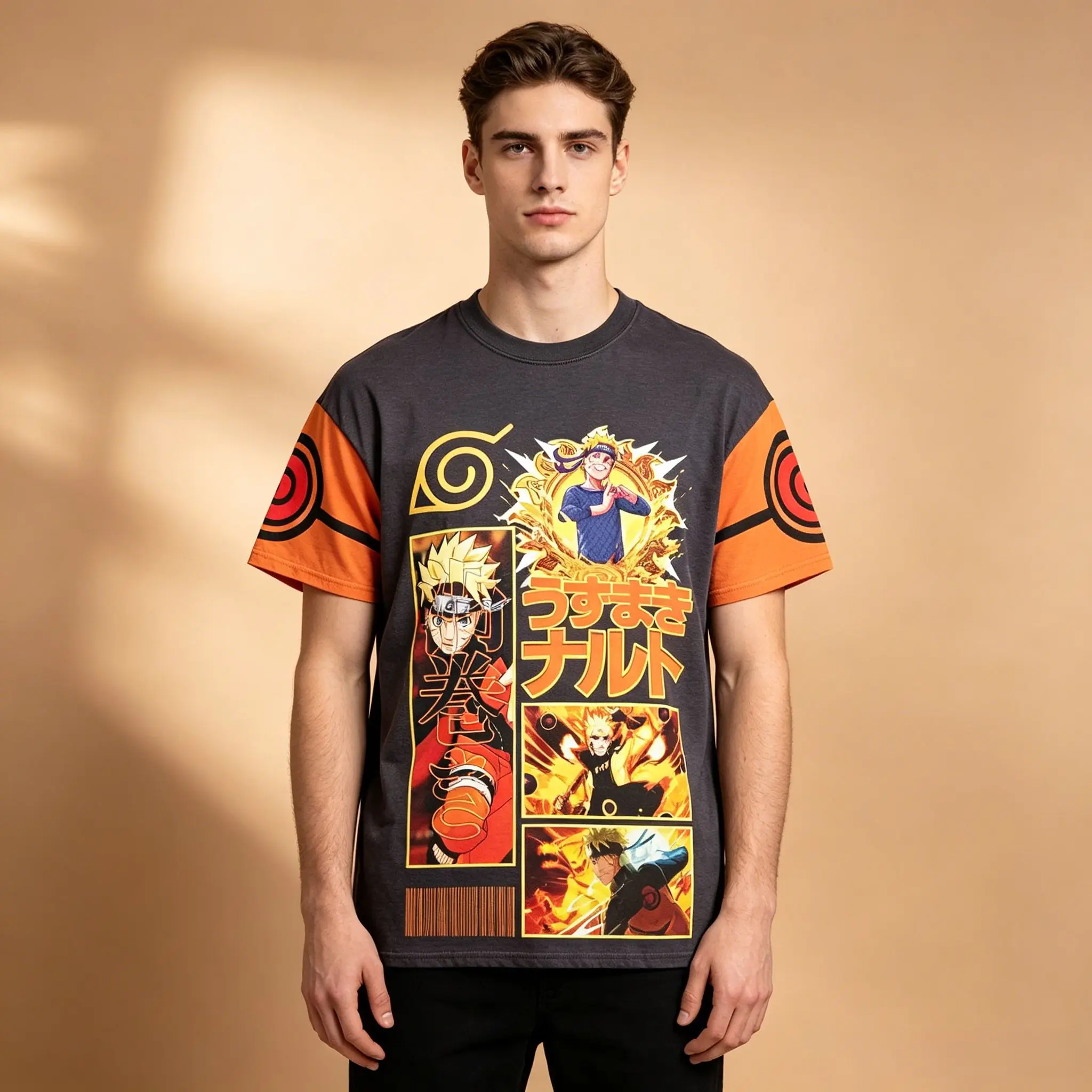 Herren Zweifarbiges Raglan-T-Shirt mit Anime-Grafik, Naruto Uzumaki Multi-Form-Panel-Print Orange Spiral-Clan-Symbol Weich Atmungsaktiv Ota