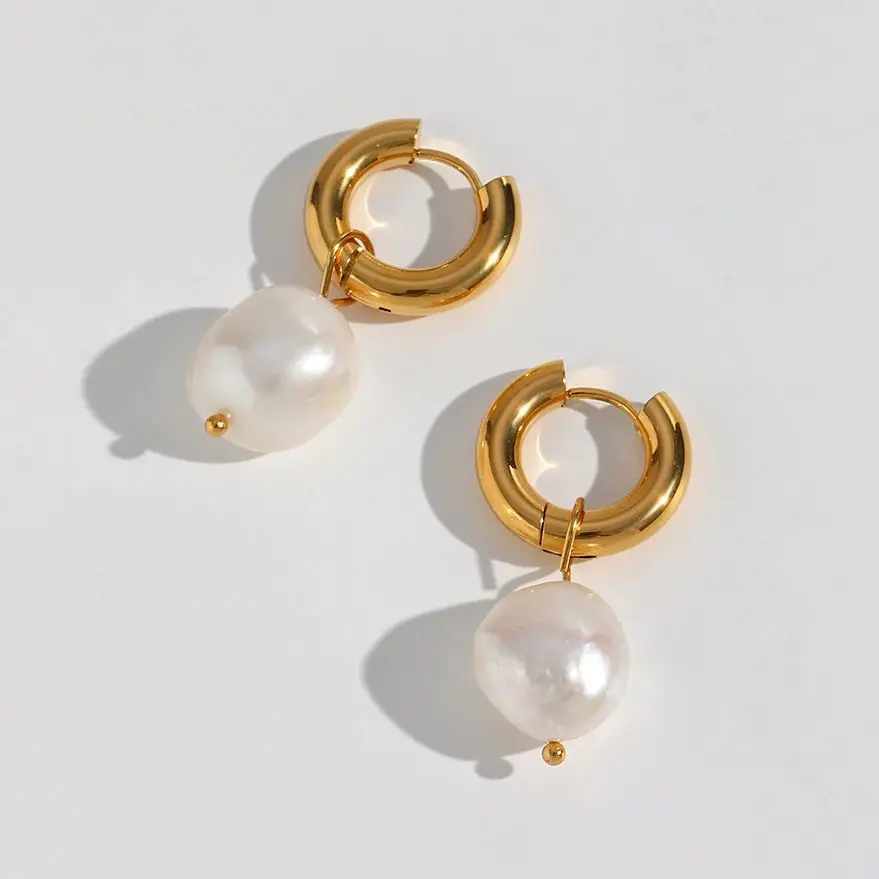 E.B.belle 2024 New Minimalist Waterproof Stainless Steel Jewelry Woman Earring Natural Freshwater Pearl Hoop Earrings For Women