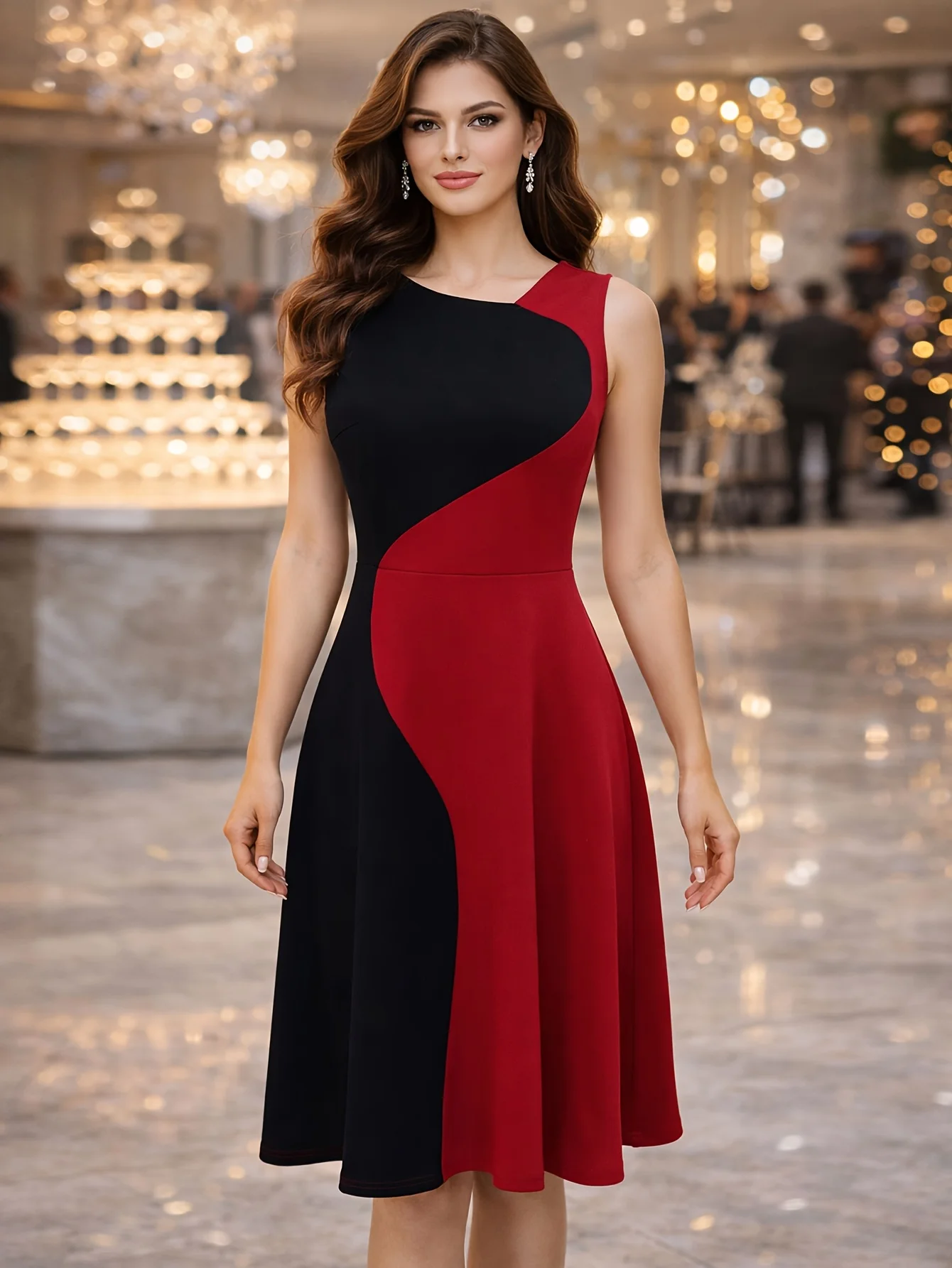 Womens Elegant Round Neck Sleeveless Summer Casual Fashion Party Knee Length Colorblock Fit and Flare Swing Dress