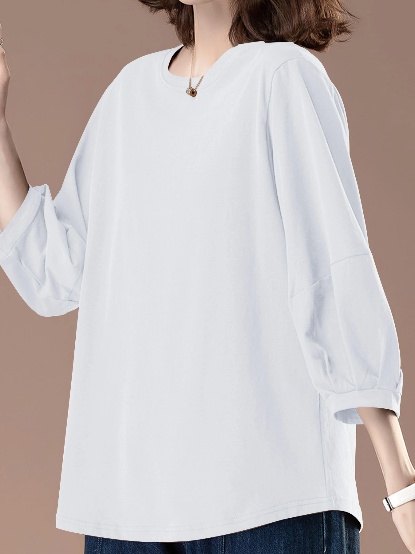 Damen-Tops mit 3/4-Ärmeln, Rundhalsausschnitt, lässig, trendig, lockere T-Shirts – Detail 10
