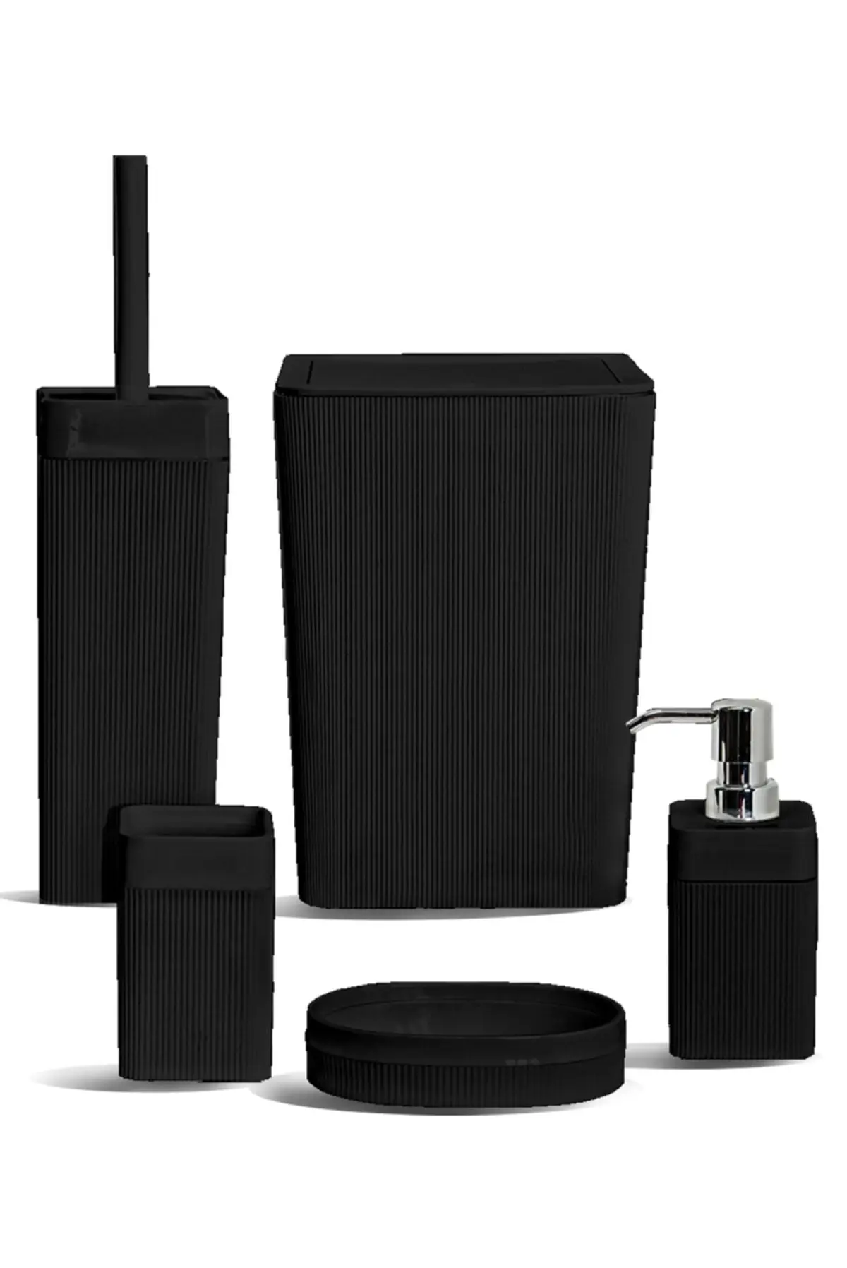 Bathroom Accessory Set Square Black 5 Pcs Plastic Toothbrush Holder Liquid And Solid Soap Dispenser Toilet Brush Trash Can Lux