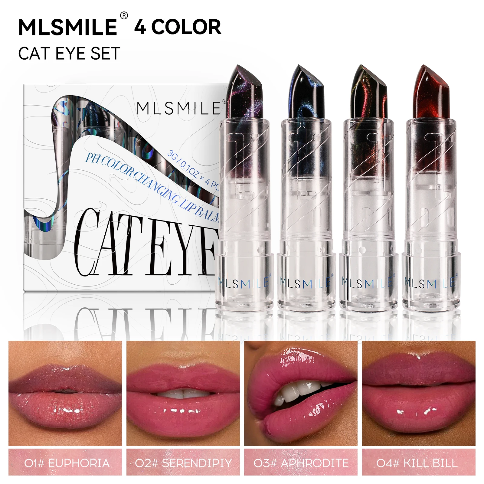 

4 шт., губная помада «кошачий глаз», меняющая цвет, чувствительная к температуре, мерцающая, увлажняющая и увлажняющая губы