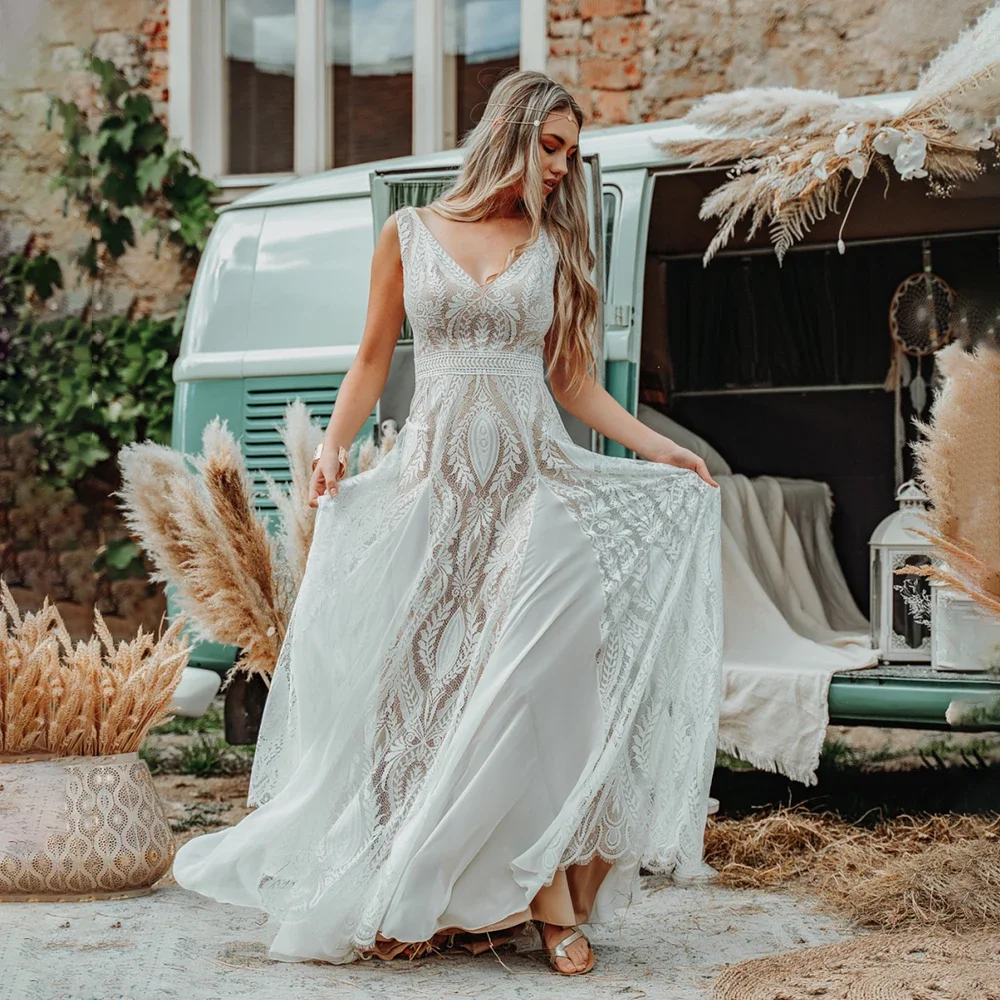 Lakshmigown Spitzen-Chiffon Boho A-Linien-Hochzeitskleid Hippie-Spitze V-Ausschnitt Ärmellos Rückenfreies Strand-Elopement-Brautkleid Maßanfertigung – Detail 8