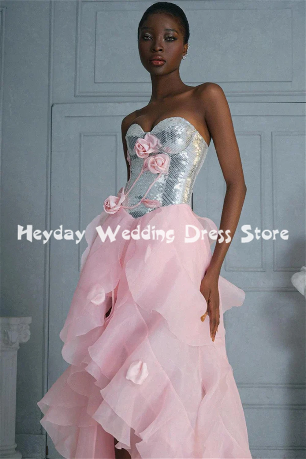 Sukienki balowe Heyday z dekoltem w serduszko, trójwymiarowymi kwiatami, warstwowymi falbanami, bez rękawów, o długości hi-lo, eleganckie sukienki wizytowe 2025