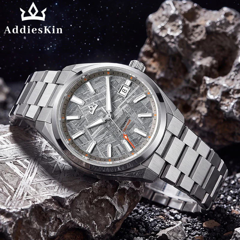 AddiesKin K020 Men Automatic Wristwatch Rare Natural Iron Meteorite Dial Unique Metallic Grain 316L Bracelet BGW9 Luminous 200M