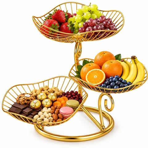 3-Tier Gold Metal Fruit Basket Stand, Decorative Countertop Serving Tray for Fruits, Snacks, Desserts & Candy, Elegant Kitchen Dining Table Organizer for Home, Party & Holiday Display