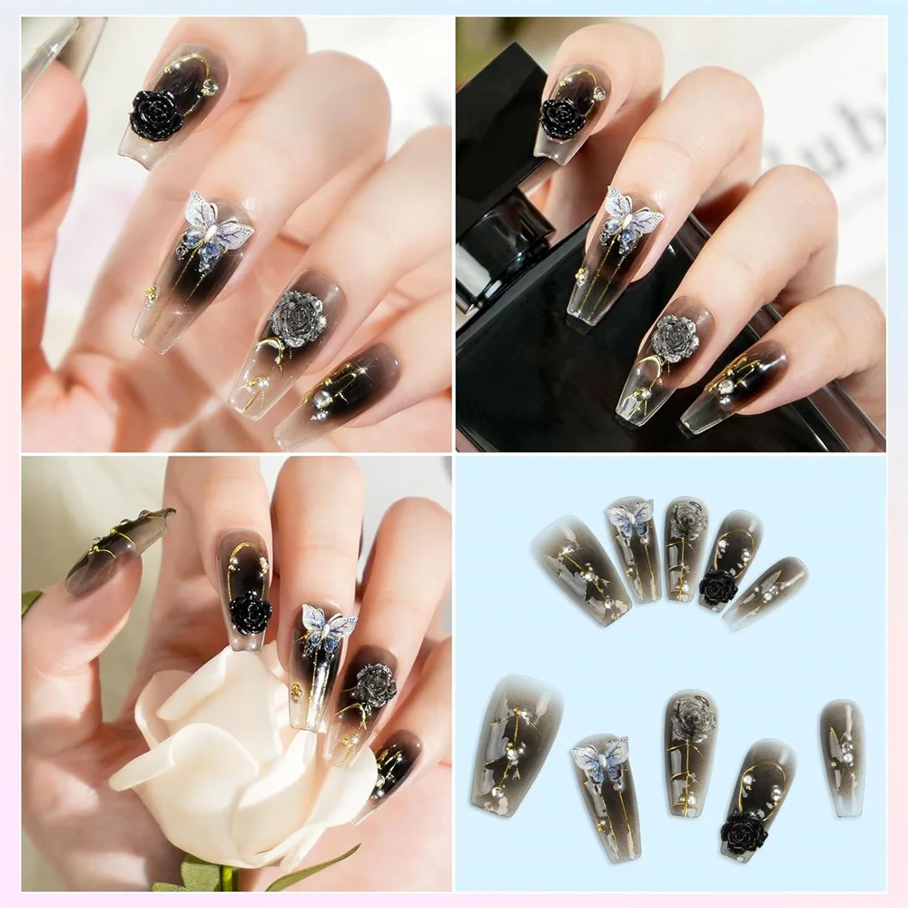 Biutee Cool Black False Nails Press On Black Rhinestones Butterfly Wearable Fake Nails Full Cover 10Pcs With Jelly Nail Sticker