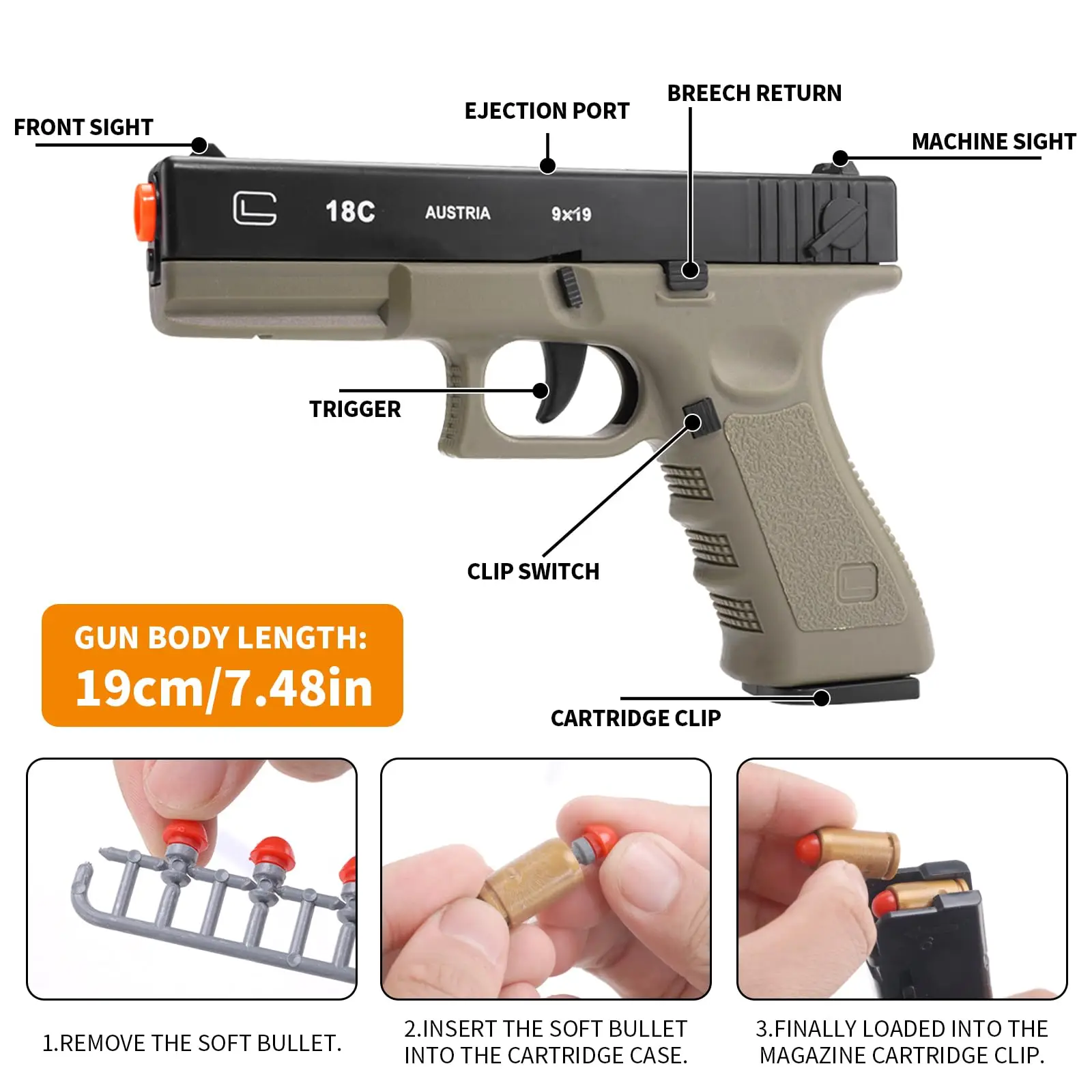 Soft Bullet Gun Toy - Semi-Automatic Handgun with Shell Ejection and Auto Rebound，Gun Toy for Teen Boys