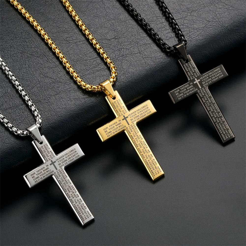 Fashion Bible Jesus Cross Pendant Necklace Hip Hop Men Stainless Steel Pendant Necklace for Women Retro Religious Prayer Jewelry