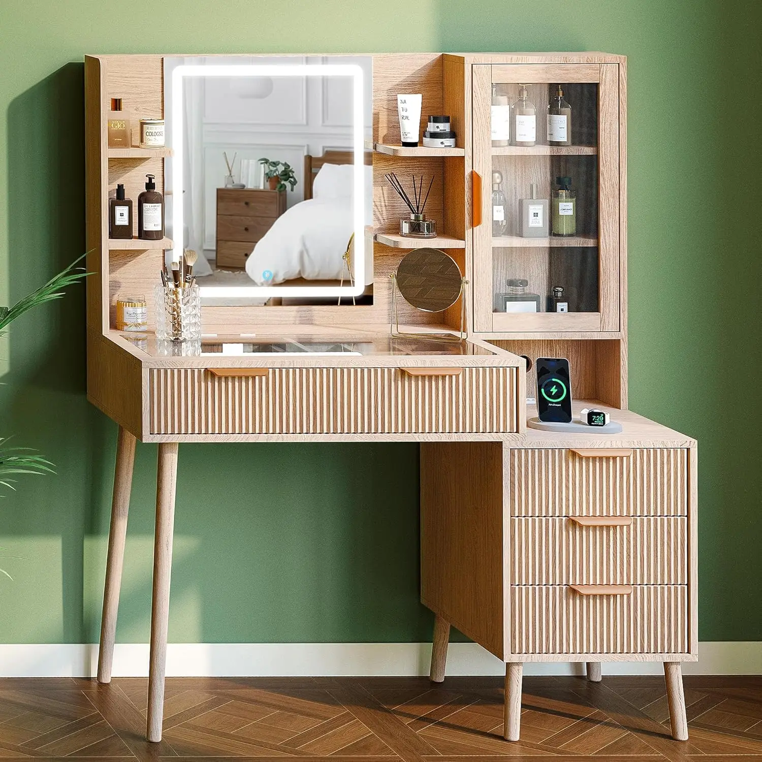 Fluted Makeup Vanity Desk with Mirror and Lights, 5 Drawers Glass Top Makeup Vanity with 10 Storage and 9-Grid Organizer, 3 Colo