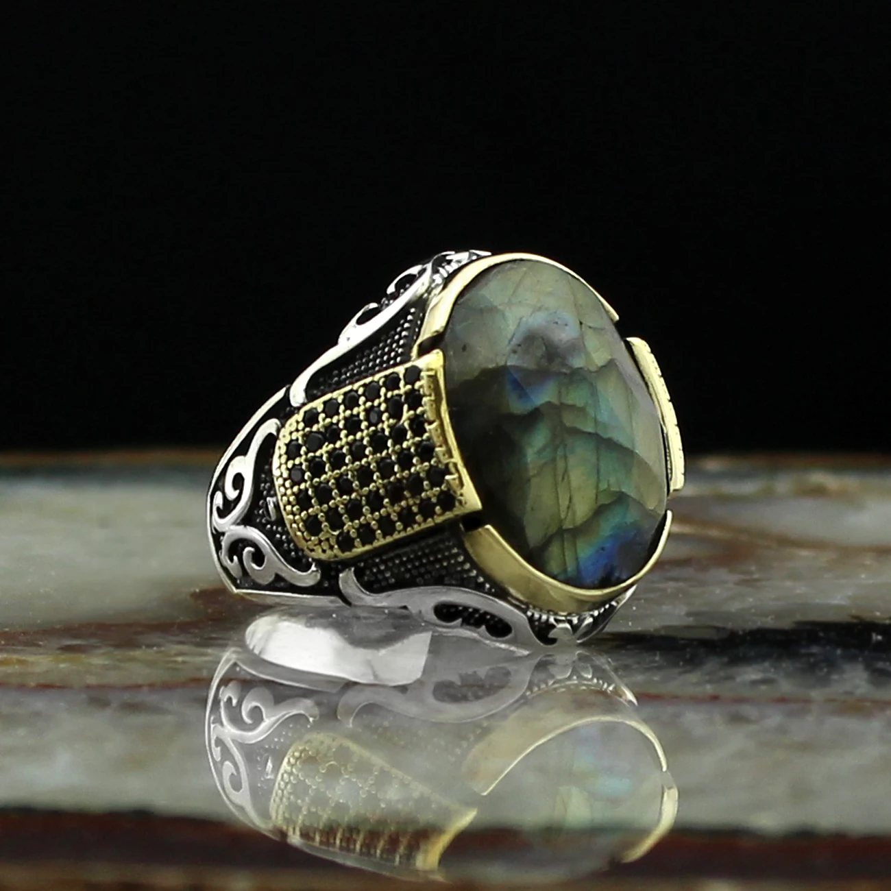 Natural Labradorite Stone Ring For Men Pure 925 Sterling Silver Turkish Style Special Design Retro Unisex Handmade High quality Trend Jewelry Fashion Vintage Gift Accessory