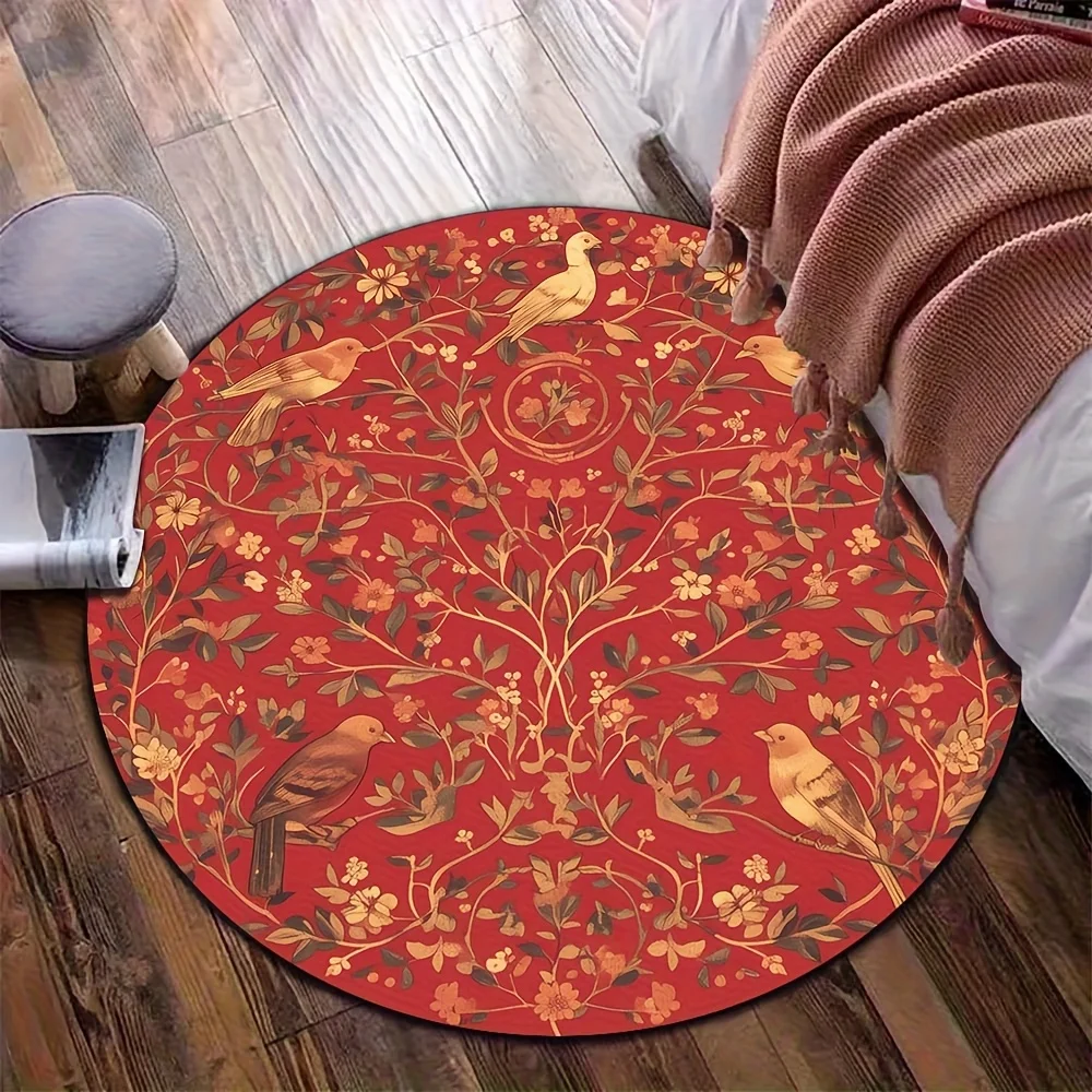 2D Flat,Vintage-style Round Rug Featuring Red Flowers, Birds, And Golden Botanical Foliage; A Decorative Round Floor Mat In A Classical Art Style, Suitable For Living Rooms, Bedrooms, And Home Interiors.