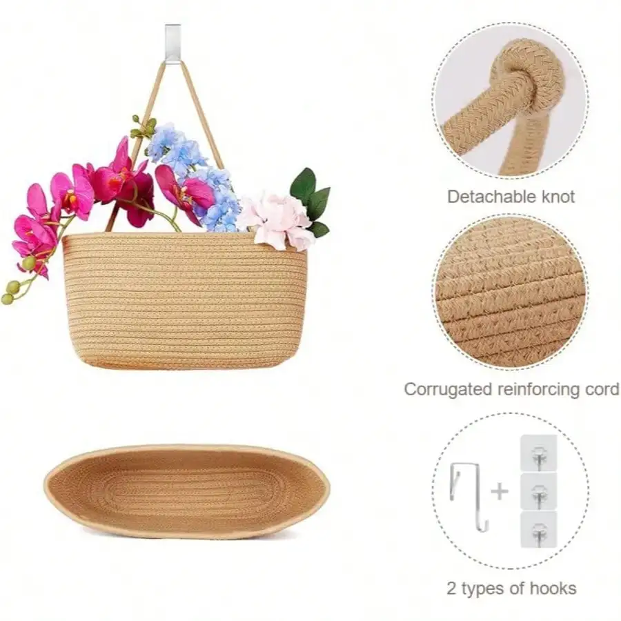 Wall Baskets for Storage, 3-Tier Woven Cotton Hanging Baskets for Organizing, Jute Wall Hanging Baskets with Door Hooks, Over The Door Basket